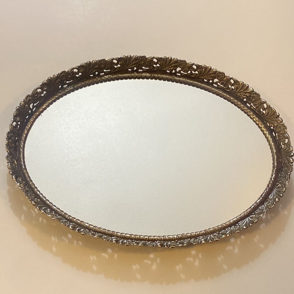 Antique Oval Filigree Mirror Tray